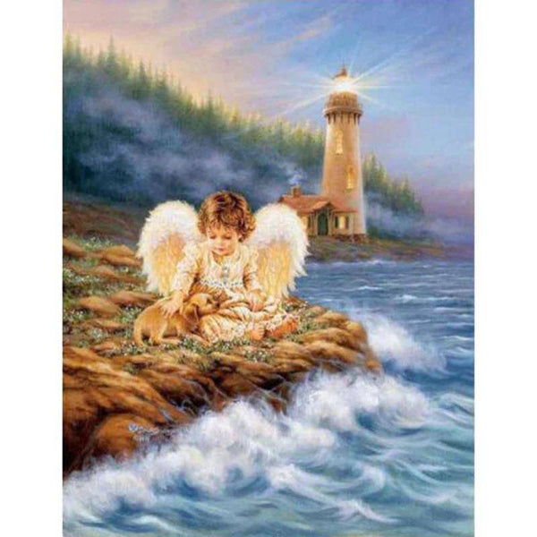 Angel Girl and Her Dog Beside River Diamond Painting Diamond Art Kit